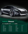 Sleek dark gray sports car with compatibility chart for Hyundai models Azera, Entourage, Santa Fe, Sonata, Veracruz