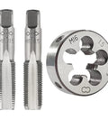 M16 X 1.5 and M14 X 1.5 Tap and Die Set for Metric Threads, heavy duty steel, showing two taps and one die tool front view
