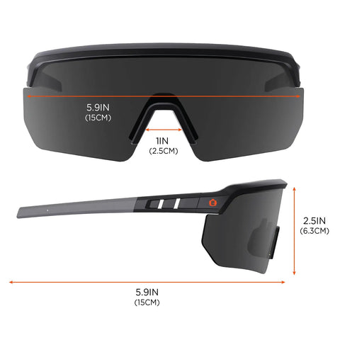 Oversized Blade Style Anti Fog Safety Glasses Featuring Polarized Tinted Lenses With Anti Scratch Coating For Tough Job Sites side and front view.