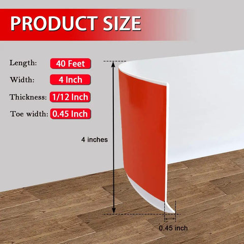 Vinyl Wall Baseboard Molding 4 Inch Peel And Stick Self Adhesive White 40 Feet Flexible Rubber Trim with size diagram