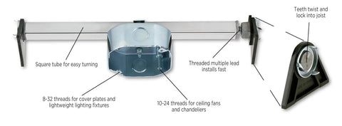Saf-T-Brace Ceiling Fan Mounting Kit with 3 teeth twist and lock, silver heavy duty support up to 150 lbs, with multiple knockouts and Romex connector