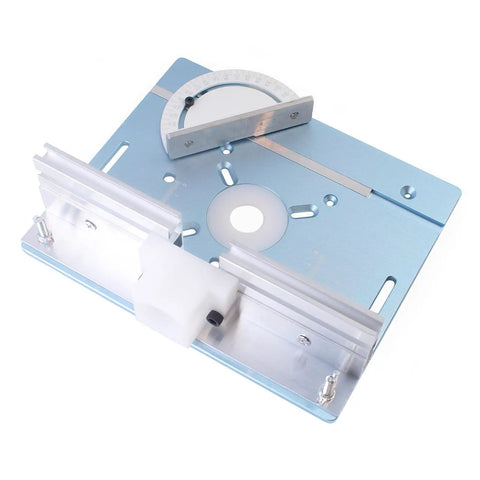 Aluminum Router Insert Plate with Pre-Drilled Holes for Trimming Machines, showing anodized alloy base and mounting features.