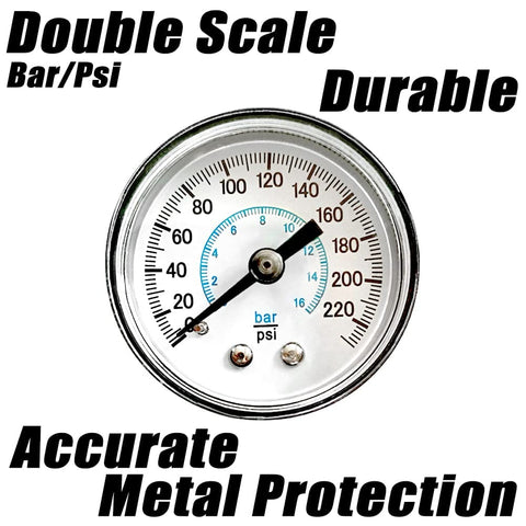 Beefy 1/4 NPT Heavy Duty Air Pressure Regulator gauge displaying bar/psi scale, metal casing, accurate reading.