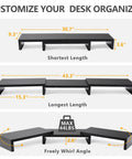 Dual Monitor Stand Riser For Desk Setup With 3 Shelf Adjustable Length And Tilt Extra Long Multifunctional Wood Stand Fits Computer Laptop TV Up To 43 Inches Black demonstrating adjustable lengths and tilt angles.