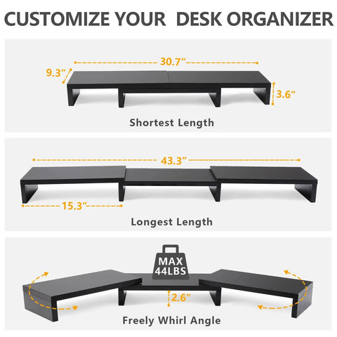 Dual Monitor Stand Riser For Desk Setup With 3 Shelf Adjustable Length And Tilt Extra Long Multifunctional Wood Stand Fits Computer Laptop TV Up To 43 Inches Black demonstrating adjustable lengths and tilt angles.