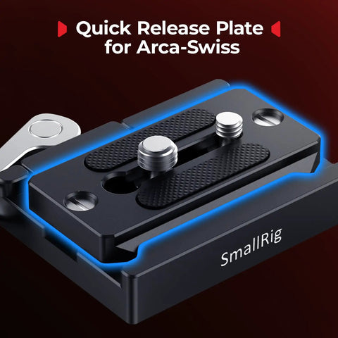 Close-up of Quick Release Plate For Arca Swiss Standard, rugged aluminum with quick change base for DSLR rigs.