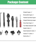 Heavy Duty Drain Snake Auger Drill Attachments 10 Pack components including various augers and cutters for five eighth inch pipes.