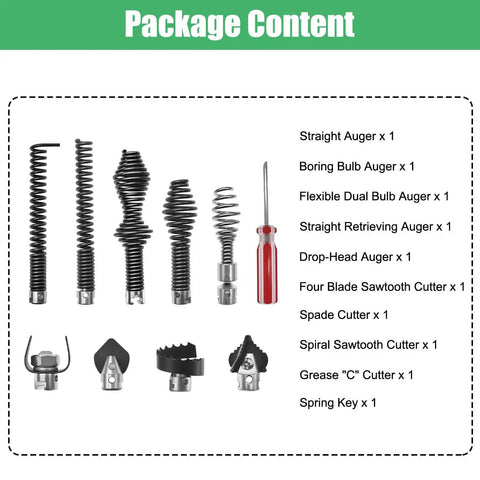 Heavy Duty Drain Snake Auger Drill Attachments 10 Pack components including various augers and cutters for five eighth inch pipes.