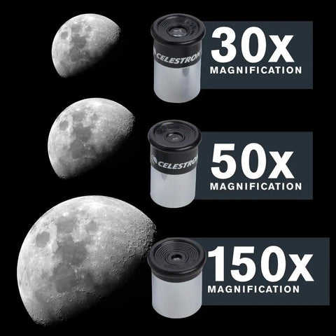Moon magnification views at 30x, 50x, 150x through PowerSeeker 50AZ Telescope Easy To Use Manual Alt Azimuth Refractor For Beginners