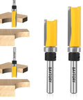 Top Shelf Pattern Flush Trim Router Bits Set Featuring Dead Nut Tight Carbide Cutters and Smooth Riding Bearings for Zero Tear Out Custom Woodworking Projects shown on hardwood.