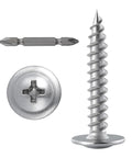 Heavy Duty Two Hundred Piece Set Of Number Eight By One Inch Quarter Phillips Truss Head Wood Screws Made From Forty Ten Stainless Steel to show a close-up of a self-tapping truss head screw with driver bit.