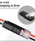 Push In Wire Connectors With Locking Buckle For 18 To 22 AWG Solid And Stranded Wires One Second Install Ideal For LED Strips Home And Automotive Wiring 10 Pack, close-up view with wires connected and locking buckle visible.