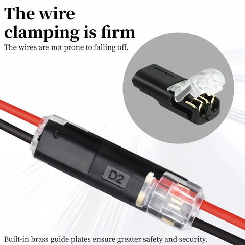 Push In Wire Connectors With Locking Buckle For 18 To 22 AWG Solid And Stranded Wires One Second Install Ideal For LED Strips Home And Automotive Wiring 10 Pack, close-up view with wires connected and locking buckle visible.