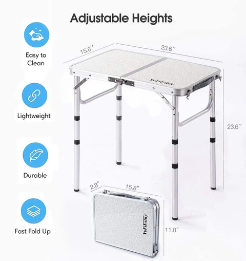 Portable Folding Camp Table 24 Inch By 16 Inch With Aluminum Frame Lightweight And Easy Setup Three Adjustable Heights 10 19 24 Inches Ideal For Camping Outdoor Cooking Picnics Tailgating And Everyday Use shown folded and unfolded with features