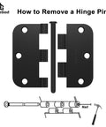 Matte Black 3 1/2 Inch Interior Door Hinges 42 Pack With 294 Screws showing hinge pin removal with diagram and tools