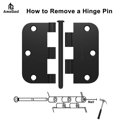 Matte Black 3 1/2 Inch Interior Door Hinges 42 Pack With 294 Screws showing hinge pin removal with diagram and tools