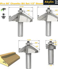 Image showing 60 Degree Chamfer Router Bit Set with 1/2 Inch Shank, including 3/16, 5/8, 3/4, and 7/8 Inch Cutting Depths.