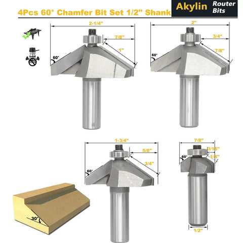 Image showing 60 Degree Chamfer Router Bit Set with 1/2 Inch Shank, including 3/16, 5/8, 3/4, and 7/8 Inch Cutting Depths.