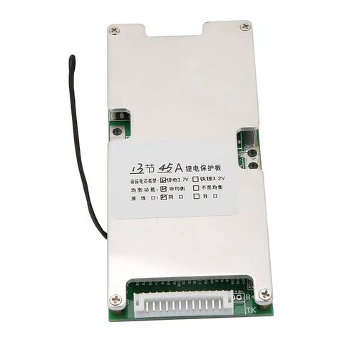 13S 48V 40A Lithium Battery Management Board With Top Shelf Cell Balancing Built Tough For Overcharge Overdischarge Short Circuit Protection And Easy Hookup For Custom Electric Pack Builds, shown top view.