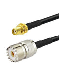 SMA Female to UHF SO239 Female Ham Radio Antenna Adapter Cable RG58 1 Meter Coax Jumper for Handheld Walkie Talkies close-up view.