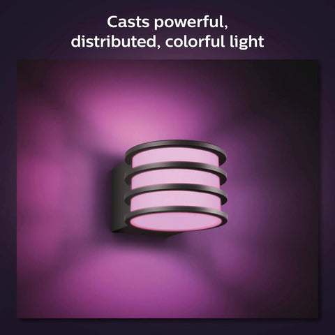 Lucca Outdoor Smart Wall Light With Color Ambiance LED Bulb Black E26 Weatherproof Porch Lighting displaying purple light