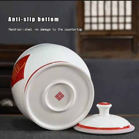 Gotta Love This Hella Spacious Ceramic Rice Crock Hits Different Chinese Style Porcelain Storage Jar showing anti-slip bottom and lid.