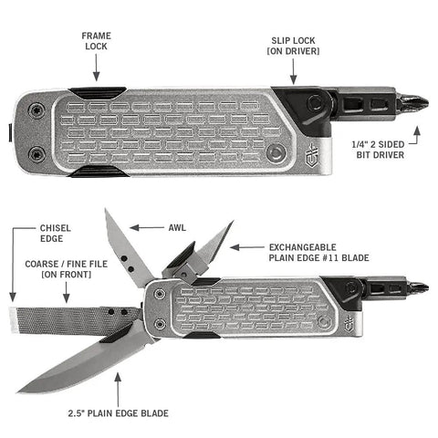 Lockdown Driver 7 In 1 EDC multitool with 2.5 inch blade, scissors, bit driver, file, chisel, awl, and replaceable knife blades