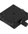 60x60mm Linear Stage Actuator With Manual Goniometer For Precision Alignment, black anodized aluminum finish, top view.