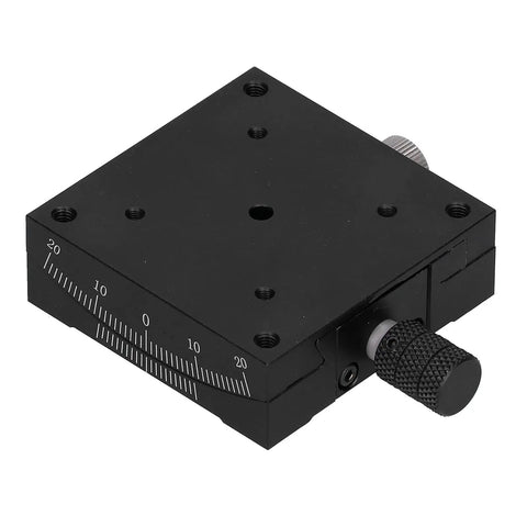 60x60mm Linear Stage Actuator With Manual Goniometer For Precision Alignment, black anodized aluminum finish, top view.