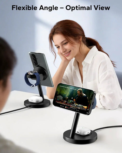 Woman using Samsung 3 In 1 Magnetic Wireless Charging Station Stand for Galaxy phone, watch, and buds at flexible angle.