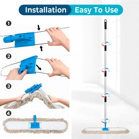 Installation steps of Straight Up Heavy Duty Commercial Dust Mop With Extra Long Handle And Premium Absorbent Cotton Pad for easy use.