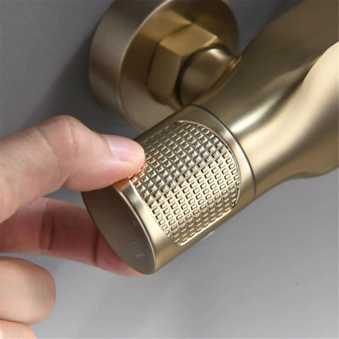 Close-up of dual handle mixer shower control for UMJIGF 10 Inch Shower System Brushed Gold Shower Faucet Set.