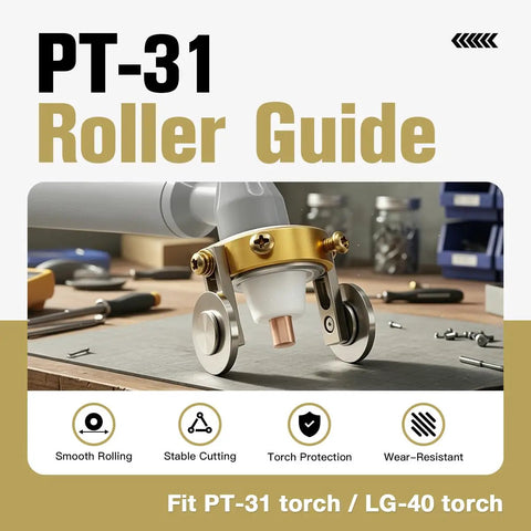 PT 31 Roller Guide Plasma Cutter Torch Stand Off With Double Wheel Spacer on workbench for Cut 40 Cut 50D LGK 40 LG 40 PK 1