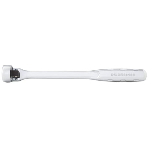 Side view of Three Eighths Inch Flex Head Ratchet With 180 Degree Pivot, 72-Tooth High Torque Gear, slim head, ergonomic handle.