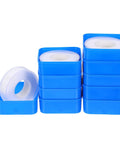 Top Shelf PTFE Adhesive Seal Tape 10 Rolls Of Water Leak Repair Wrap For Pipes And Threads Gonna Save Ya Time With This Ninja Tight DIY Plumbing Fix Daily stacked in blue containers.