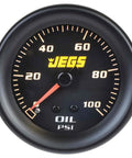 JEGS oil pressure gauge, 2-1/16 in mechanical, black face, yellow logo, red needle, 0-100 PSI, black bezel