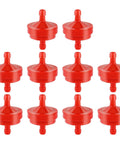 Heavy-Duty Lawn Mower Inline Gas Fuel Filter 1/4 Inch ID, 150 Micron Element, Pack of 10, shown in bright red color.