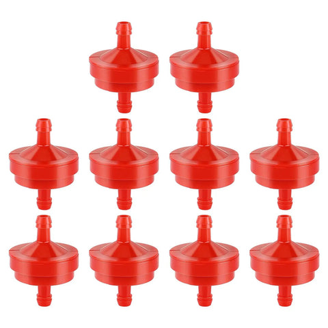 Heavy-Duty Lawn Mower Inline Gas Fuel Filter 1/4 Inch ID, 150 Micron Element, Pack of 10, shown in bright red color.