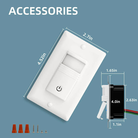 Dimensions of Motion Sensor Light Switch No Neutral Wire With Adjustable Sensitivity, PIR Infrared Activation, shown with accessories.