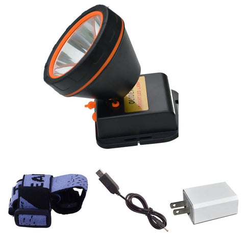 Rechargeable LED Headlamp with T6 Spotlight for Camping and Outdoor Adventures with strap, charger, and cable.