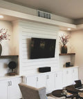 Pro Grade Black Bogwood Reactive Water Based Interior Wood Stain In A Heavy Duty 55 Gallon Drum displayed in a modern living room.