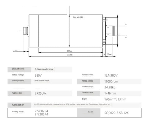 Heavy Duty Water Cooled Electric Spindle Motor 5.5kw High Speed specifications diagram showing dimensions, voltage, and cooling method.