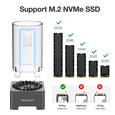 Straight Fire USB4 40Gbps M.2 NVMe SSD Enclosure Docking Station with compatibility chart for various M.2 sizes.