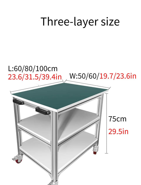 Heavy Duty Aluminum ESD Mobile Work Cart With Anti Static Rolling Bench And Locking Wheels For Electronics Assembly Or Home Garage Project That Moves Smooth Daily, showing dimensions and three-layer design.