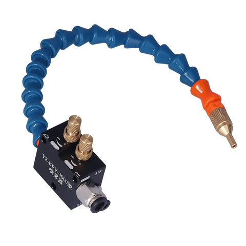 Beefy Mist Coolant Sprayer For Machine Tools With Adjustable Airflow featuring a blue flexible hose and dual air control knobs.
