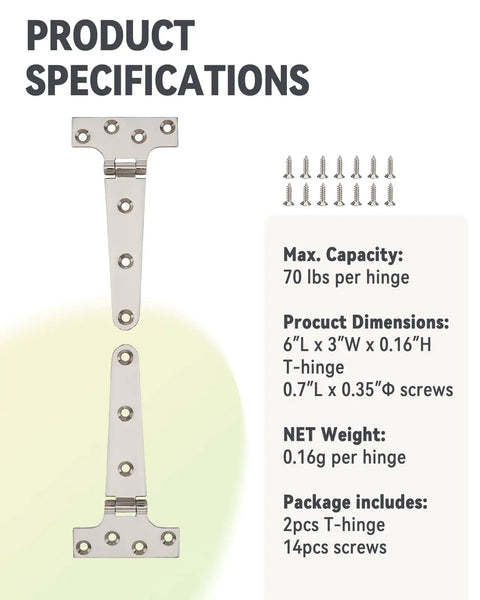 316 Stainless Steel T Hinges 6 By 3 In Built To Last Heavy Duty Marine Grade Door Hinges That Resist Rust With Mirror Polish Finish Weatherproof For Coastal Use And Harsh Environments; product specifications with hinge and screws