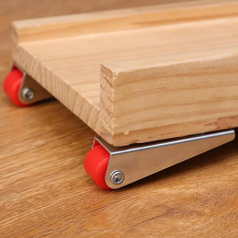 Top Shelf Set Of Four Stainless Steel Cabinet Door Rollers Paired With Heavy Duty Galvanized Track And Durable Plastic Gliders For Smooth As Butter Bottom Casters attached to wood board.