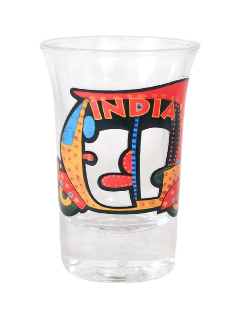 Top Shelf Indian Inspired Auto Rickshaw And Taj Mahal Motif 30 Ml Shot Glass featuring vibrant auto design for party use.