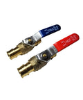 Two Pack Three Quarter Inch Pex A Expansion Ball Valve Set With Brass Full Port Design, One Red Hot And One Blue Cold, on white background