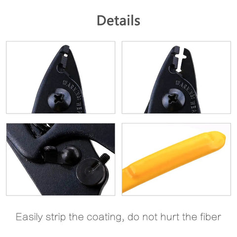 Close-up of Fiber Optic Tool Kit For Cold Connection And Cleaving, CFS2 Style Stripper and Coating Plier details and orange handle.
